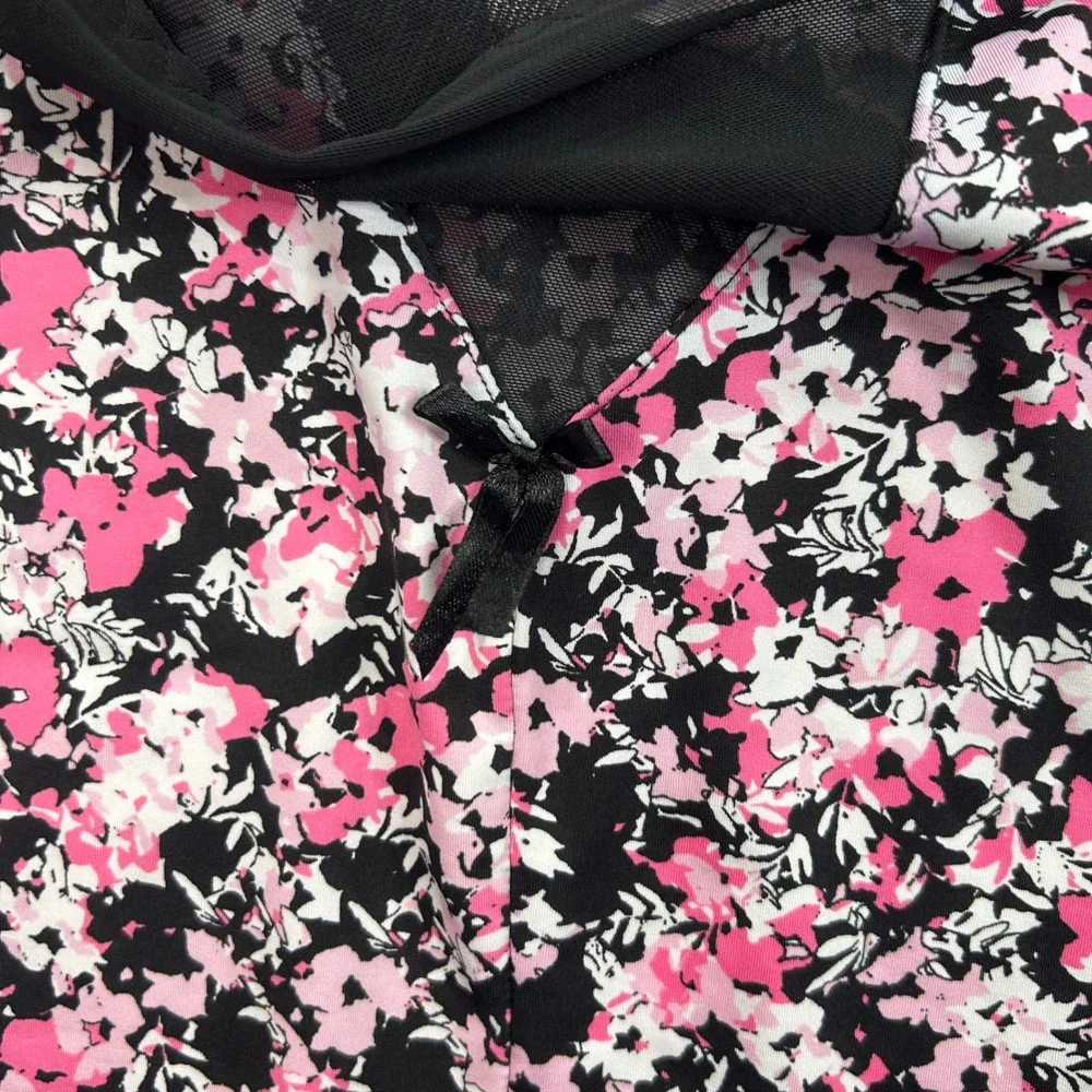 Jessica Simpson Floral Chemise Pink Black Mesh Slip Medium Coquette Y2K Dainty